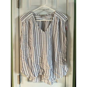 Loft S White Burgundy Striped V Neck Sleeveless Tunic Top Blouse